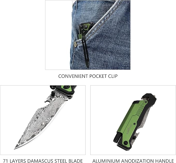 ALBATROSS 6-in-1 Modern Damascus Steel Folding Pocket Knives with LED LightSeatbelt CutterGlass BreakerMagnesium Fire StarterBottle OpenerMulti-Function Emergency Tool(Green-DA)