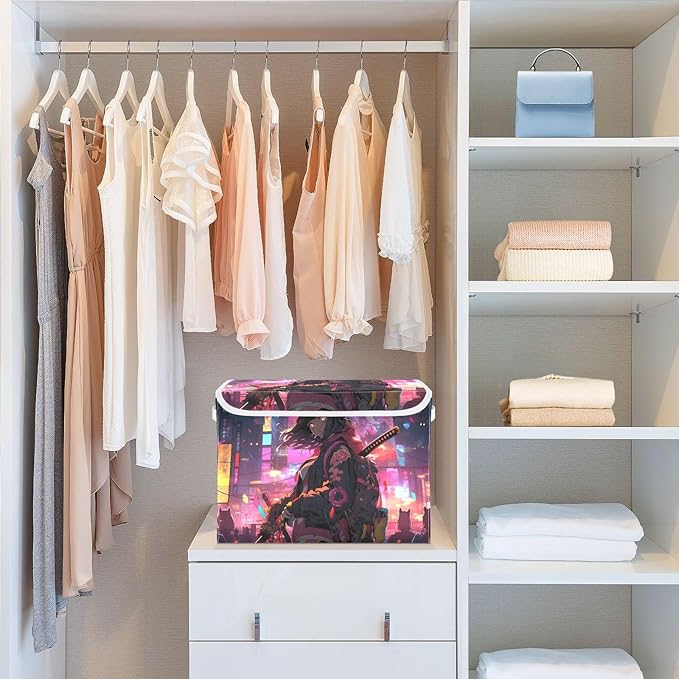 Woman Anime Street Large Storage Bins with Linen Foldable Storage Box Fabric Organizer Bin with Flip-Top Lid for Home Office 16.5 x 12.6 x 11.8 Inch