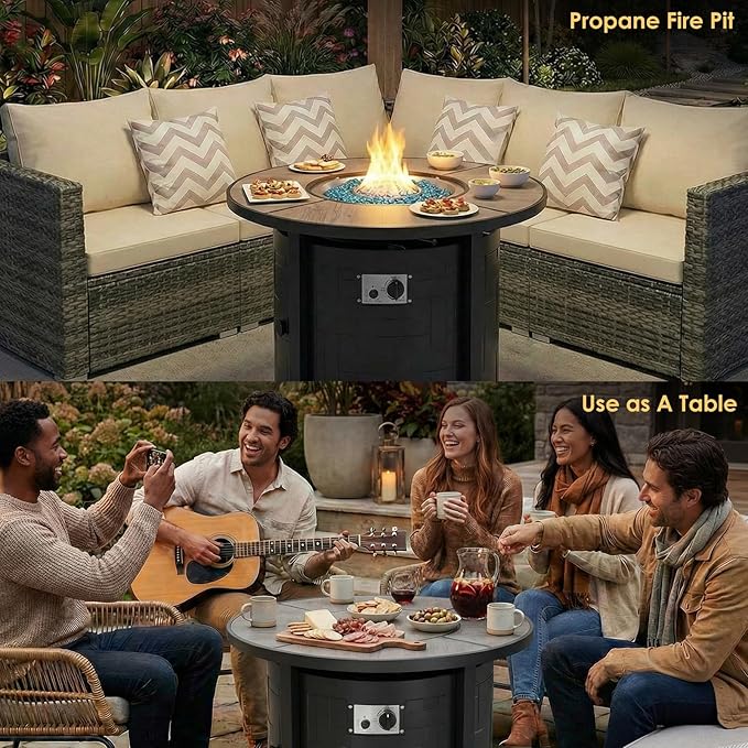TLGREEN Propane Fire Pit Table 30 Inch Round – 50000 BTU Outdoor Fire Pit with Lid Converts to Patio Coffee Table Certified Includes Waterproof Cover &amp Blue Fire Glass(Grey)