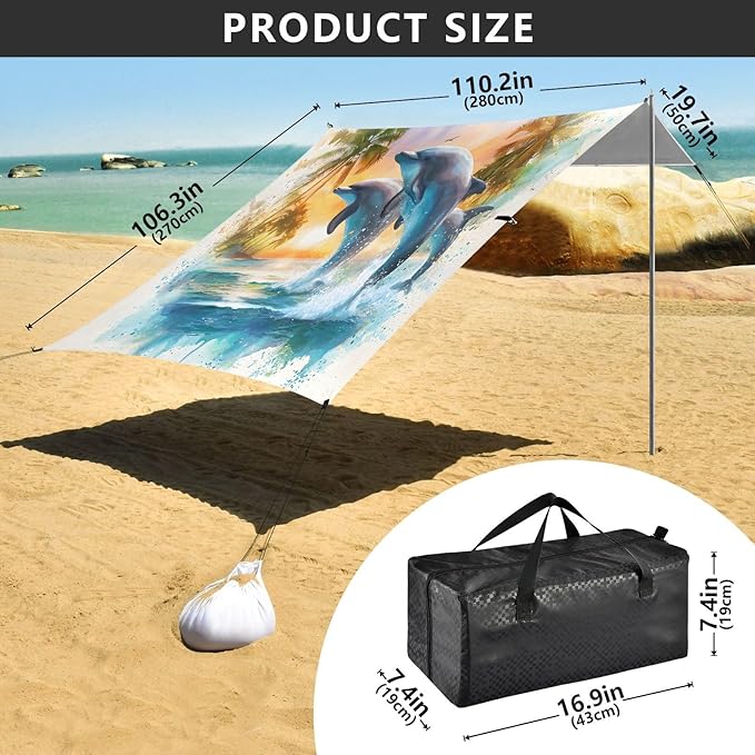 ALAZA Dolphins Palm Beach Tent Sun Shelter UPF50+ Protection Beach Shade Canopy w/ 4 Sandbags for Outdoor Camping Fishing Backyard Fun Picnic 10x9 ft
