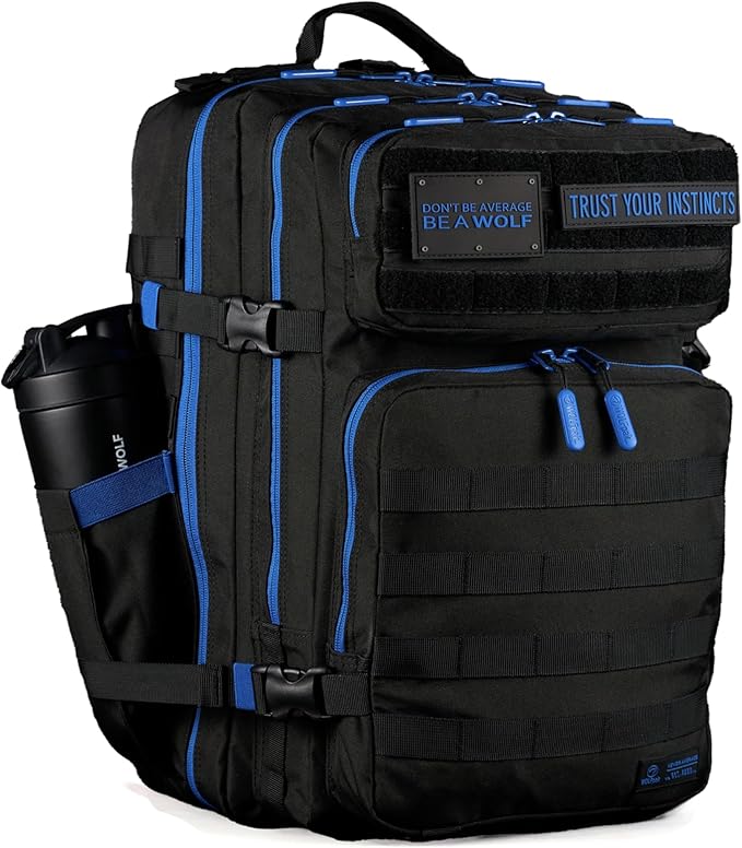 WOLFpak 45L Athletic Gym Backpack (Blue Wolf) Durable 1000D Waterproof Oxford Material w/MOLLE Webbing Laptop Pocket &amp Dual Cup Holders Durable Everyday Gym Backpack