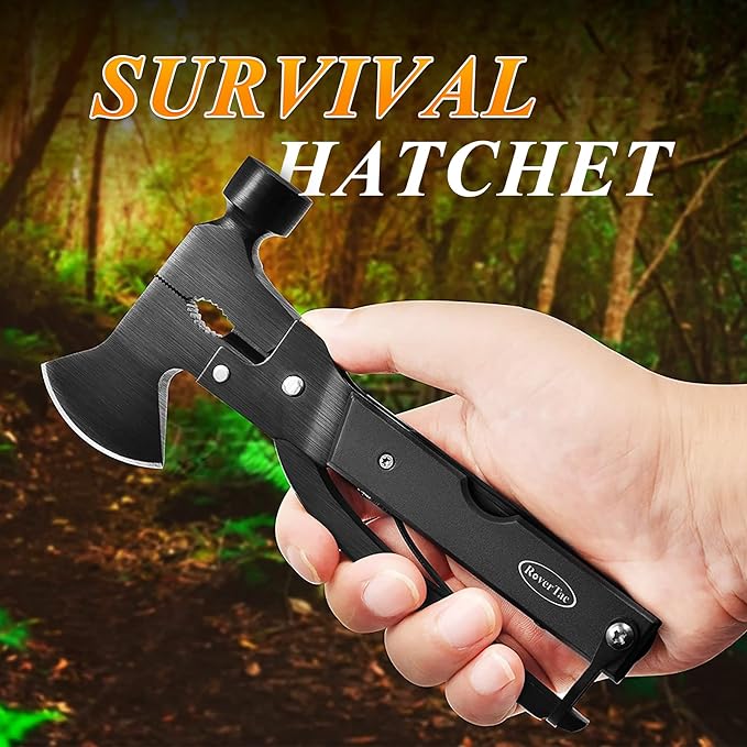 RoverTac 14-in-1 Multitool Camping Axe – Multi Tool with Knife Hammer Saw Screwdrivers Bottle Opener – Camping Tool with Sheath – Tool Gifts for Men Dad Husband and Outdoor Enthusiasts.