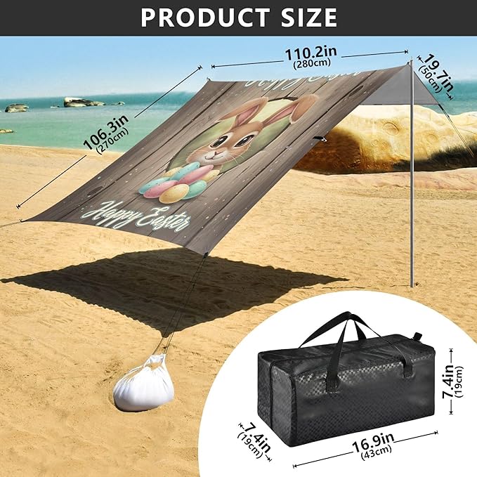 Happy Easter Beach Canopy Sun Shelter with Sandbags &amp Sand Shovel &amp Windproof Ropes - Portable 110x126 Beach Shade Beach Tent for Camping Picnics