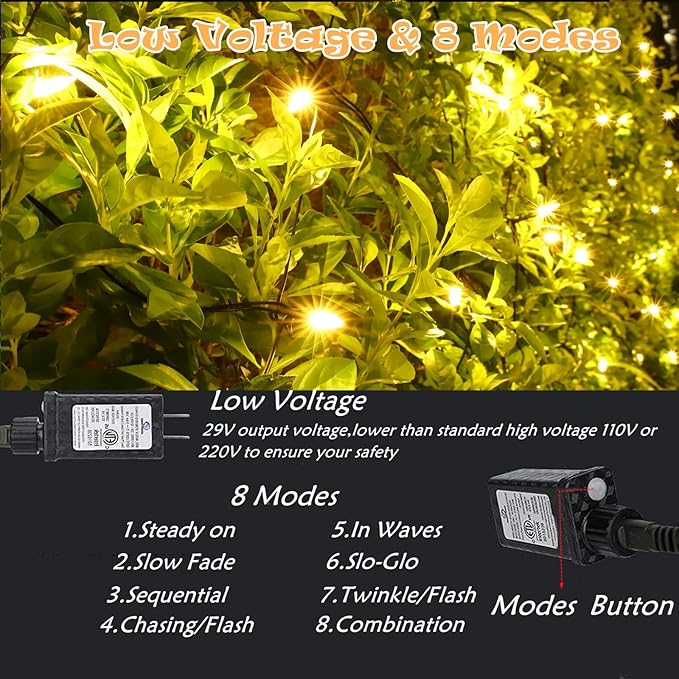 Meteds LED Christmas Net Lights Outdoor 100 LED 5ftx5ft Connectable 8 Modes Mesh 29V Plug-in Waterproof for Bushes Fence Tree Garden Xmas Decor (Orange)
