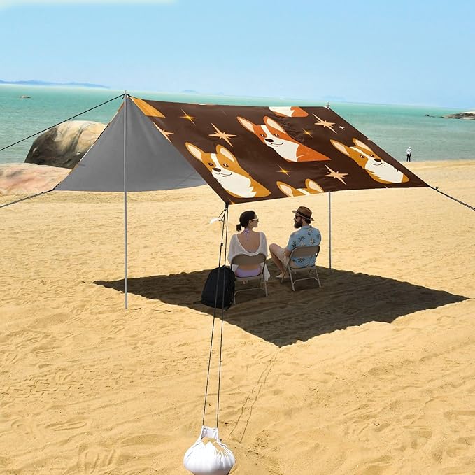 ALAZA Celestial Corgi Pattern Beach Tent Sun Shelter Portable Canopy Sunshade for Outdoor Camping Picnics Backyard Fun 10x9 ft
