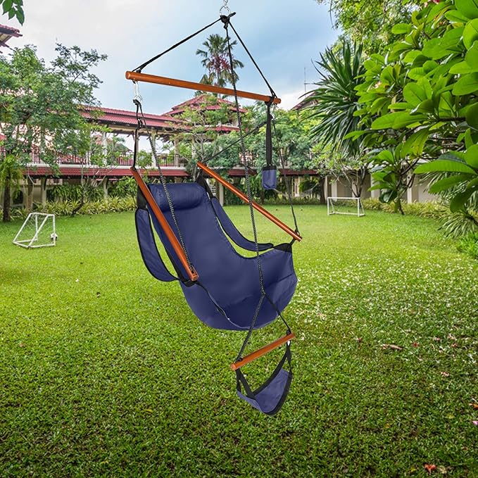 Hammock Hanging Sky Chair Large Swinging Seat Chair Indoor and Outdoor Air Swing Seat with Oxford Cloth&amp HardwoodCup Holder for Patio Bedroom or Tree (Blue)