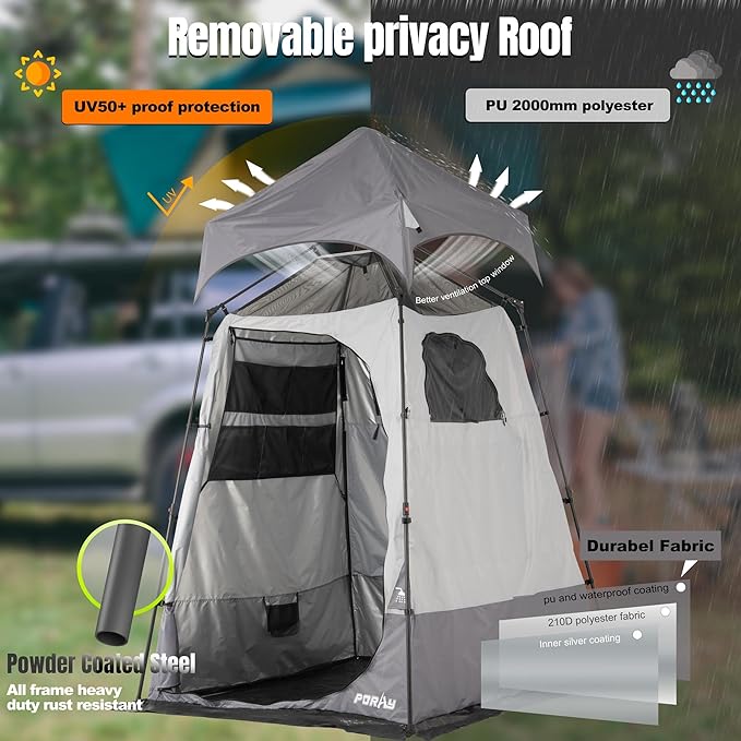 Camping Shower Tent Deluxe Changing Room Easy Set Up Privacy ShelterLarge Toilet Tent with Floor Drain Design for Beach CampingHiking with Stakes and Ropes for Stability