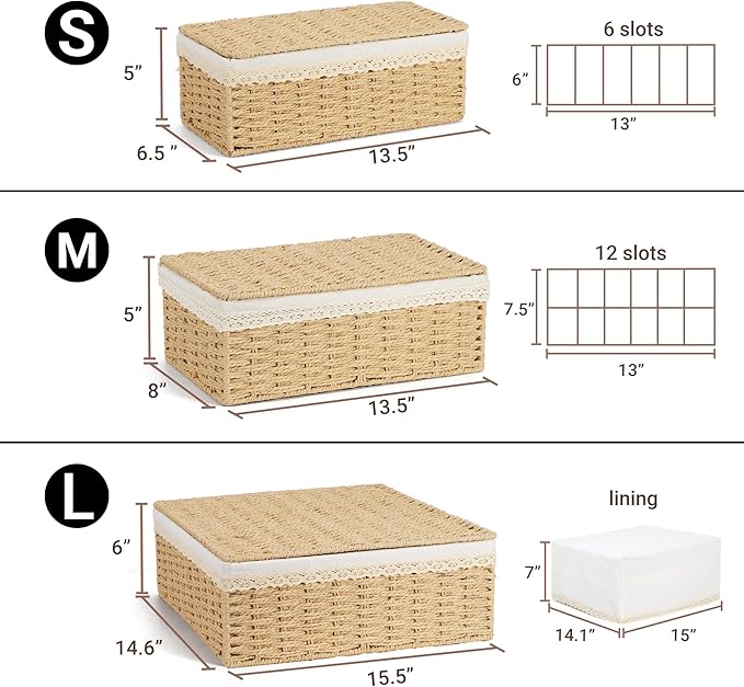 Nonam Large Basket with Lid set of 3 Rattan Divided Baskets Organizer for Shelf Natural Wicker Storage Basket Bins for Closet Boho Shelf Decor Covered Basket Home Storage Container