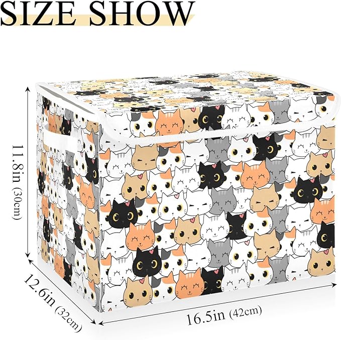 Storage Box Cat Cartoon Closet Storage Bins with Lids Foldable Oxford Fabric Storage Box for Home Bedroom Closet Office (16.5x12.6x11.8 in)