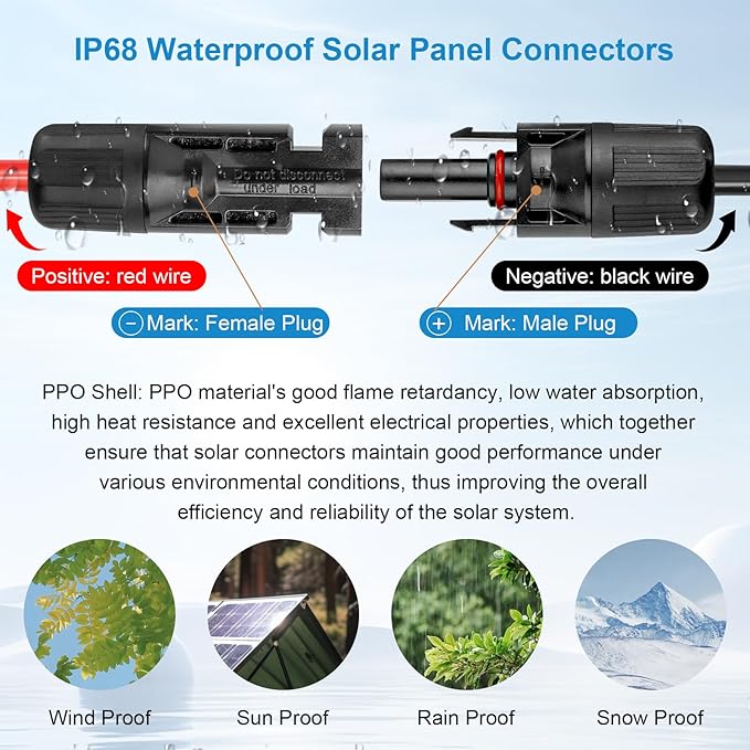 MOOKEERF Solar Panel Extension Cable - 12AWG 50FT Solar Wire with Female &amp Male Waterproof Connector PV Wire for RV Photovoltaic Systems Home Boat Solar Panels Car(50FT Red + 50FT Black)