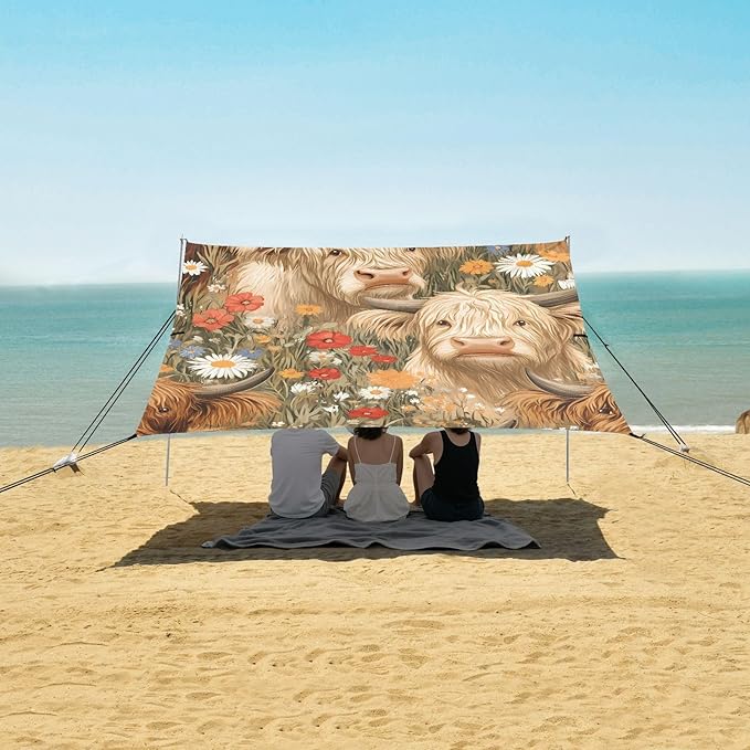 ALAZA Highland Cattle Colorful Flower Pattern Beach Tent Sun Shelter Portable Canopy Sunshade for Outdoor Camping Picnics Backyard Fun 10x9 ft