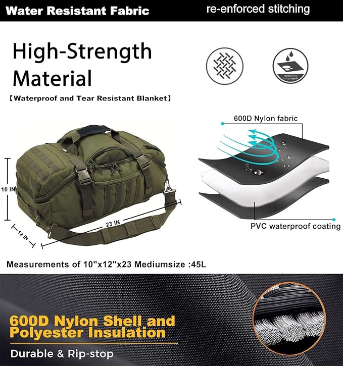 Miramrax Travel Duffle Bag Backpack for Men - Large Tactical Bags Weekender Gym Bag for Overnight Traveling Military Workout Deployment Sports (Green 45L)