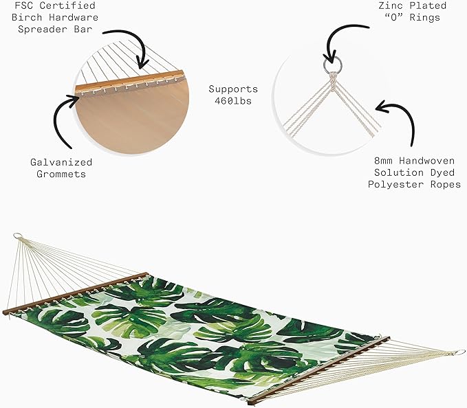 Fab Habitat Tropical Botanical Recycled Polyester Hammock - Panama - Green - Indoor/Outdoor Quick Dry 2 Person 460 lbs Capacity - Patio Poolside Backyard Garden Beach - 12-14 ft Adjustable