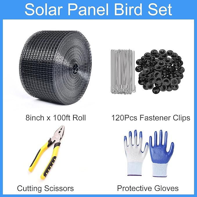 YESON Solar Panel Guard 8in X 100ft PVC Coated Critter Guard Roll Kit for Solar Panel Wire Screen Black Pigeon Barrier Netting with 120 Fastener Clips Cutting Scissor Gloves