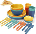 Wrova Wheat straw plates and bowls sets with cutlery - Unbreakable wheat straw dinnerware sets of 28 - Microwave safe platesbowlscups for campingkitchennew apartment.Colorful