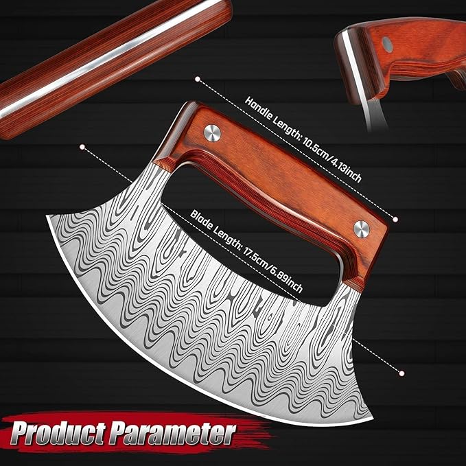 ROCOCO Pizza Cutter Ulu Knife – Full Tang Mezzaluna Rocker Chopper with Sheath for Kitchen Camping BBQ Gifts for Men Women