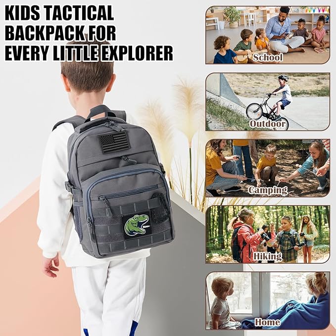Kids Tactical Backpack Army Molle Bookbag Military Boys Backpack for School Outdoor Camping (Includes 2 Patches +1 Carabiner) Grey