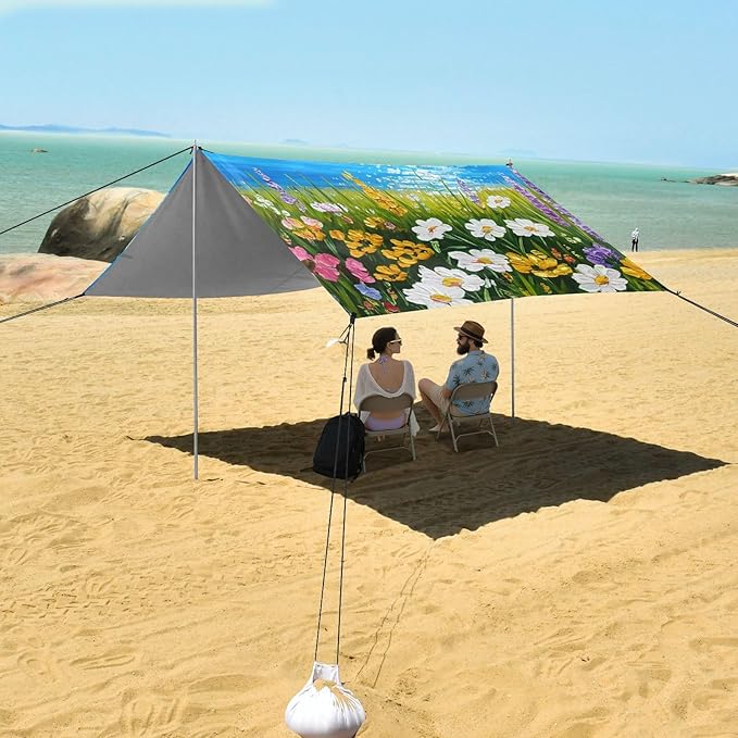 Beach Canopy with Windproof Ropes &amp Sandbags Beach Tent Sun Shade Sun Shelter for Camping Trips Fishing Backyard Fun or Picnics Landscape