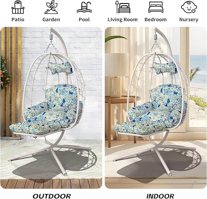 Hanging Egg Chair with Stand Outdoor Indoor Patio Rattan Swing Hammock Chairs with Washable Cushion PE Wicker Swing Chair for Backyard Bedroom Garden (White + Floral Cushion with Footrest)