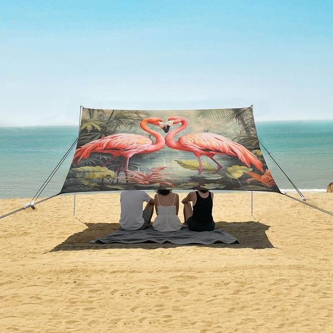 ALAZA Two Flamingo Jungle Palm Beach Tent Sun Shelter Portable Canopy Sunshade for Outdoor Camping Picnics Backyard Fun 10x9 ft