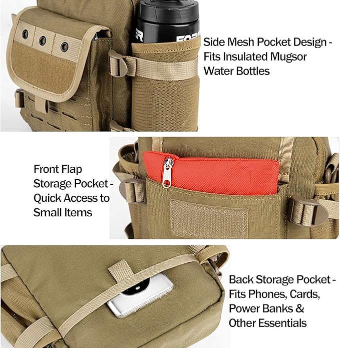 Laser Cut Molle Tactical Sling Bag Backpack for Men - Small EDC Military Molle Crossbody Shoulder Bags (Khaki)