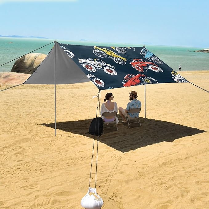 ALAZA Monster Trucks Comic Style Beach Tent Sun Shelter UPF50+ Protection Beach Shade Canopy w/ 4 Sandbags for Outdoor Camping Fishing Backyard Fun Picnic 10x9 ft