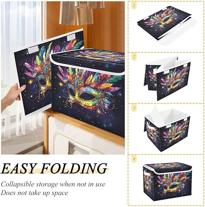 Doodle Mardi Gras Mask Pattern Foldable Storage Baskets Fabric Boxes with Handle Organizers with Flip-Top Lids Storage Bins for Home Bedroom Office