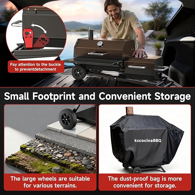 Portable Charcoal Grill with Smoking Function Foldable Suitcase Design with Wheels Multi-Tier Storage Rack &amp Waterproof Cover for Outdoor BBQ Parties (Khaki)