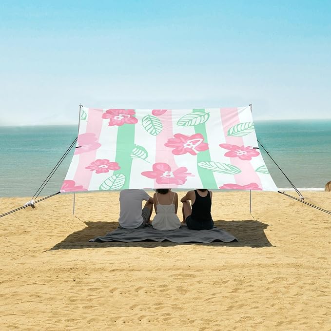 Beach Canopy with Windproof Ropes &amp Sandbags Beach Tent Sun Shade Sun Shelter for Camping Trips Fishing Backyard Fun or Picnics Flowers