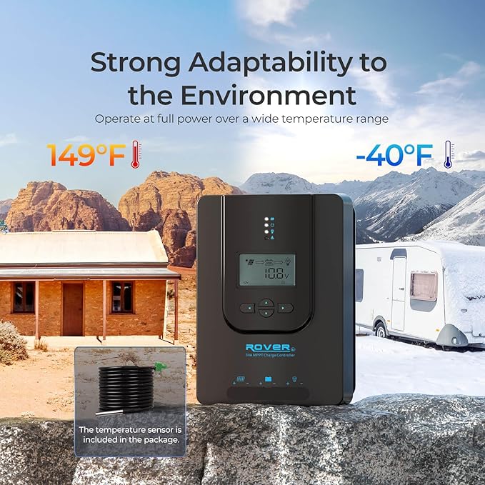 Rover 12V/24V 30A Charge Controller with MPPT- DC Input Solar Controller for RV/Marine Auto Parameter Adjustable LCD Display Solar Panel Regulator fit for Gel Sealed Flooded and Lithium Battery
