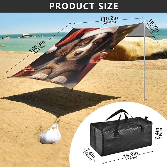 ALAZA Christmas Dog Puppy with Present Beach Tent Sun Shelter Portable Canopy Sunshade for Outdoor Camping Picnics Backyard Fun 10x9 ft