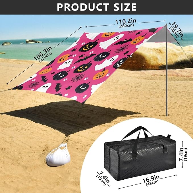 ALAZA Cute Ghost Pumpkin Bat Halloween Beach Tent Sun Shelter UPF50+ Protection Beach Shade Canopy w/ 4 Sandbags for Outdoor Camping Fishing Backyard Fun Picnic 10x9 ft