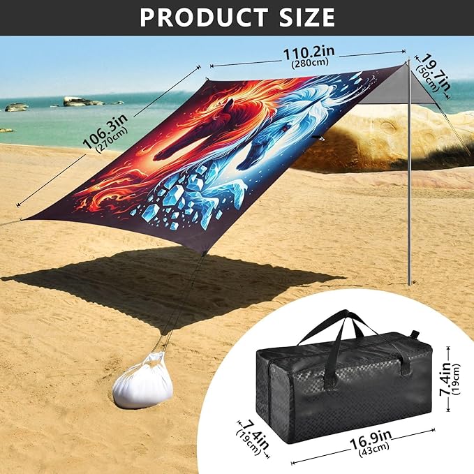 ALAZA Horse Fire &amp Ice Beach Tent Sun Shelter UPF50+ Protection Beach Shade Canopy w/ 4 Sandbags for Outdoor Camping Fishing Backyard Fun Picnic 10x9 ft