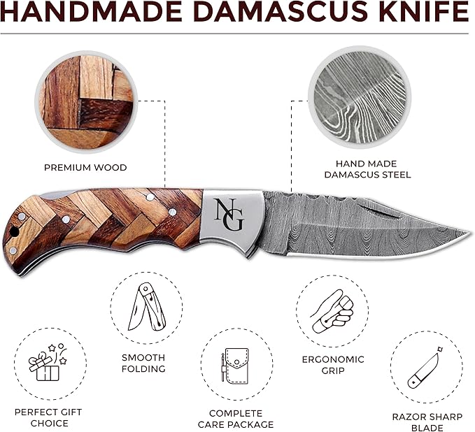 Custom Pocket Knife gifts for Men Personalized Damascus Folding Knife Engraved Gifts for Him Dad Boyfriend Husband Anniversary Groomsmen Gifts. Custom Knife for Camping Hunting Everyday Carry (