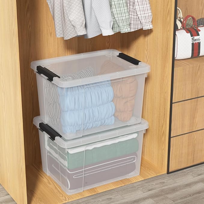 Sandmovie 40 Quart Clear Large Plastic Storage Bin Latching Storage Box with Lids and Wheels Pack of 4