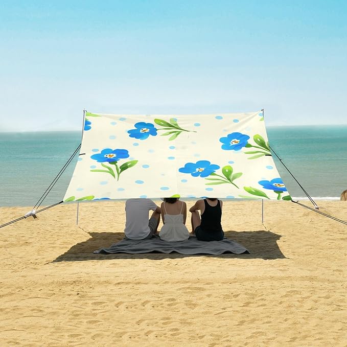 Beach Canopy with Windproof Ropes &amp Sandbags Beach Tent Sun Shade Sun Shelter for Camping Trips Fishing Backyard Fun or Picnics Flowers