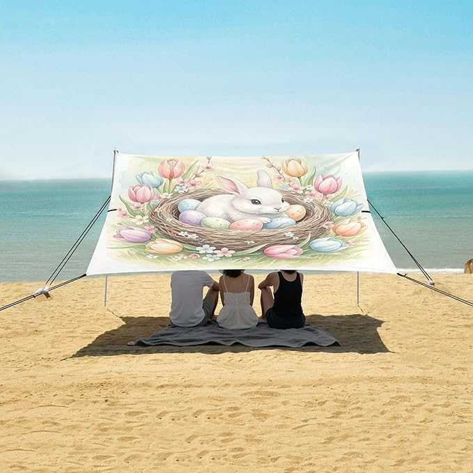Easter Bunny Beach Canopy Sun Shelter with Sandbags &amp Sand Shovel &amp Windproof Ropes - Portable 110x126 Beach Shade Beach Tent for Camping Picnics