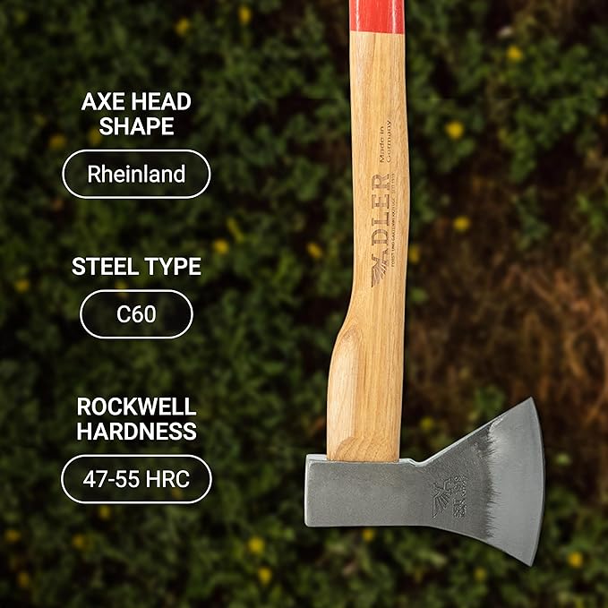Adler Canoe Axe – Made in Germany Camping Bushcraft w/ 20 in Hickory Handle Leather Sheath Anti-Slip Grip 1-1/4 lb Head C60 Carbon Steel Lightweight for Kindling Firewood Hiking Outdoors (A3)
