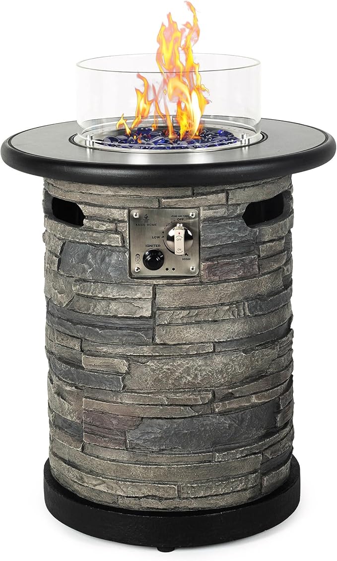 BAIDE HOME Outdoor Propane Fire Pit Table Round Porcelain Tile Top 22 Fire Bowl Column W/ 40000 BTU Firepit Table Auto-Ignition 400D Cover Glass Rocks for Outside Patio