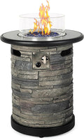 BAIDE HOME Outdoor Propane Fire Pit Table Round Porcelain Tile Top 22 Fire Bowl Column W/ 40000 BTU Firepit Table Auto-Ignition 400D Cover Glass Rocks for Outside Patio