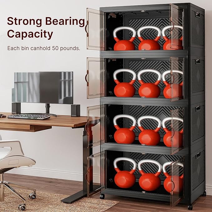 640Qt Stackable Storage Bins with Lids 4 Pack Large Collapsible Bins with Wheels Plastic Cabinet with Doors Foldable Closet Organizers and Storage for Home Dorm Office Black