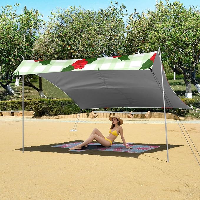 Beach Canopy with Windproof Ropes &amp Sandbags Beach Tent Sun Shade Sun Shelter for Camping Trips Fishing Backyard Fun or Picnics Cherry