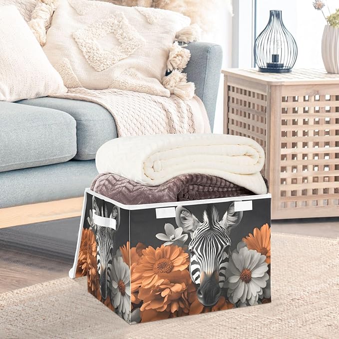 AIXIWAWA Lidded Storage Cube (Zebra Floral) Fabric Foldable Closet Bins with Flip Lid and Handles Organizer Basket Container 16.5 x 12.6 x 11.8 IN