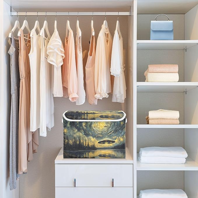 AIXIWAWA Lidded Storage Cube (Art Painting Ufo) Fabric Foldable Closet Bins with Flip Lid and Handles Organizer Basket Container 16.5 x 12.6 x 11.8 IN