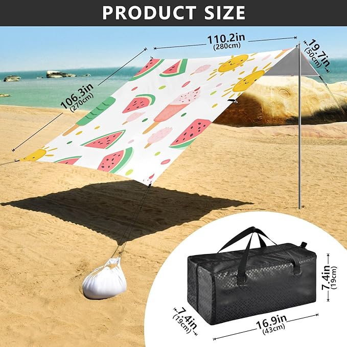 ALAZA Watermelon Popsicle Pattern Beach Tent Sun Shelter Portable Canopy Sunshade for Outdoor Camping Picnics Backyard Fun 10x9 ft