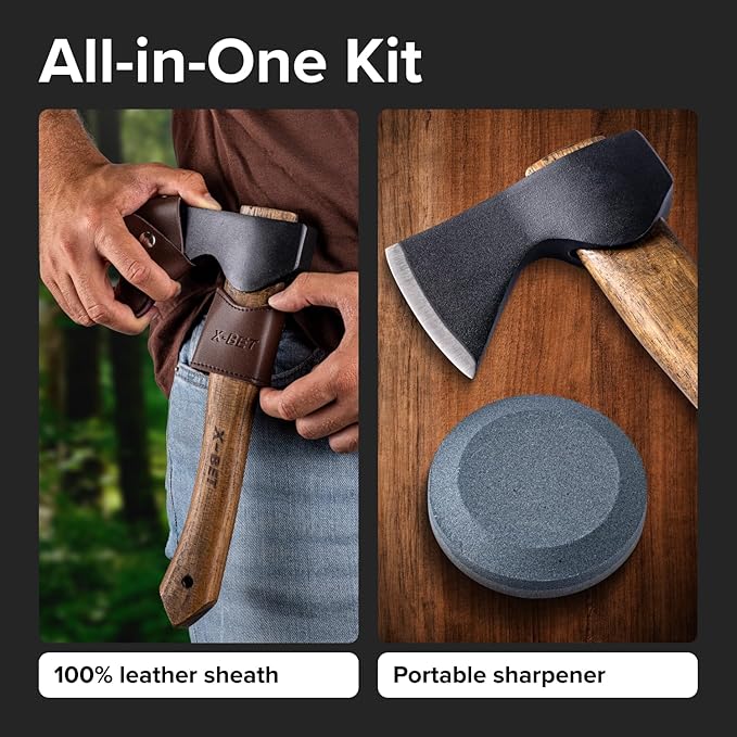 X-bet MAGNET 12 Hand-Forged Hatchet with Sheath and Sharpener - Camping Axe Bushcraft and Survival Hatchet Spring Steel Blade - Small Axe Perfect for Wood Carving Cutting Splitting and Gardening