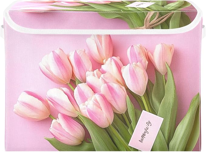 Collapsible Storage Bins with Lids Decorative Fabric Storage Cubes Closet Organizer and Storage Basket Boxes Containers for Clothes Box Chest Nursery Folding Rectangle Tulip Pink Mother's Day