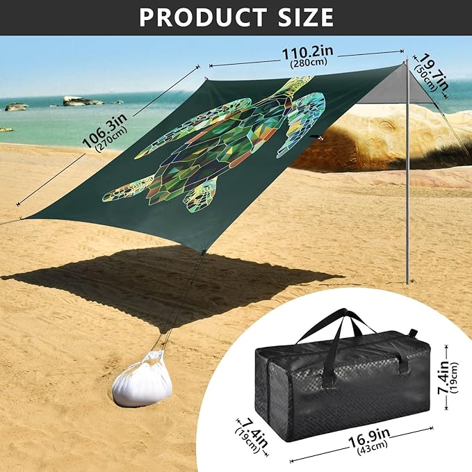 ALAZA Geometric Sea Turtle Beach Tent Sun Shelter UPF50+ Protection Beach Shade Canopy w/ 4 Sandbags for Outdoor Camping Fishing Backyard Fun Picnic 10x9 ft