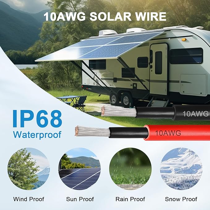 Solar Panel Wire 10 AWG(6mm²) - Solar Extension Cable 30Ft Black &amp 30Ft Red 10 Gauge Tinned Copper PV Wire for Outdoor Automotive RV Solar Panel Boat Marine (Black+Red)