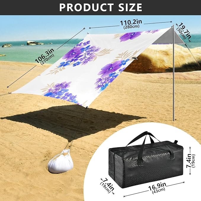 Beach Canopy with Windproof Ropes &amp Sandbags Beach Tent Sun Shade Sun Shelter for Camping Trips Fishing Backyard Fun or Picnics Purple Flowers
